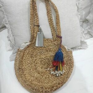 SAMSOE Woven Tan Shoulder Bag with Multicolor Tassel